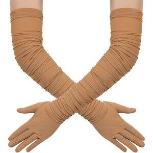 Women's Khaki Stretchy Tulle Spandex Mesh Sheer Satin Long Gloves Party Prom
